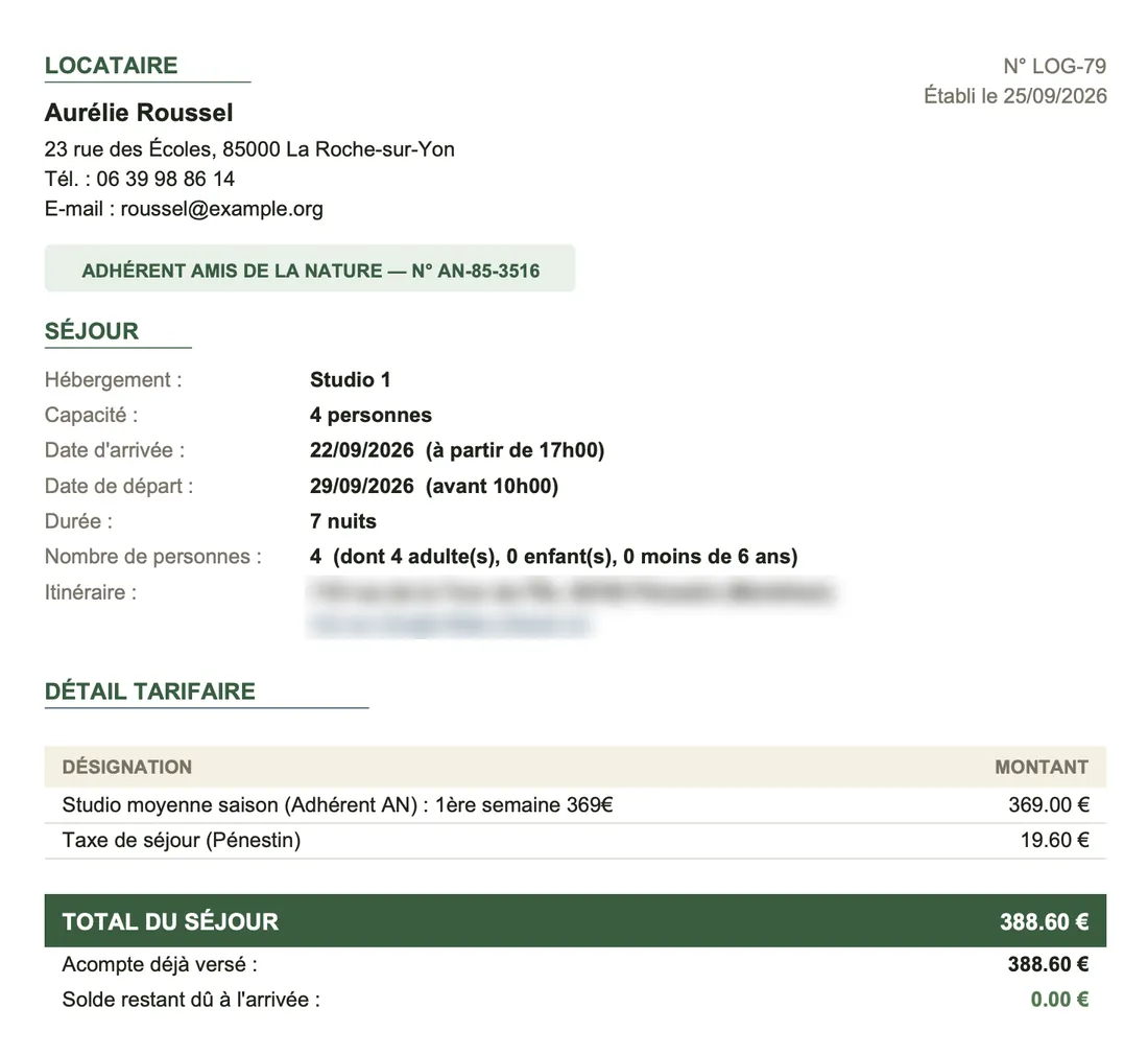 Un contrat de location généré par le logiciel, avec le détail tarifaire