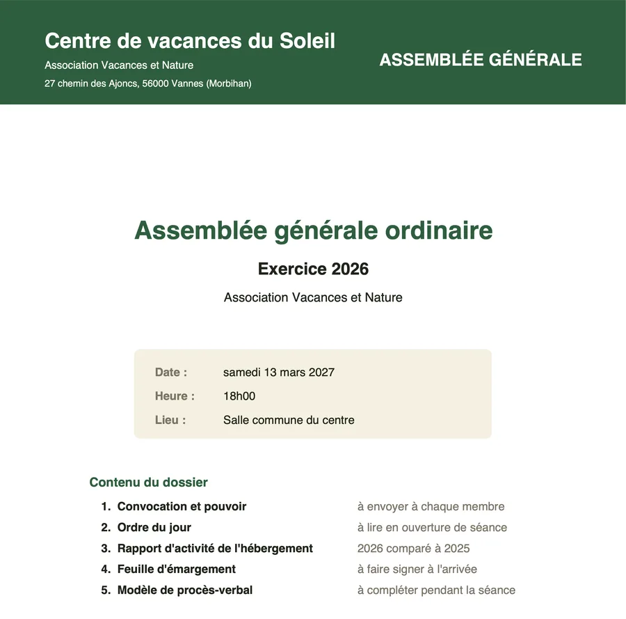 Page de garde du dossier d'assemblée générale : assemblée générale ordinaire, exercice 2026, date, heure, lieu et contenu du dossier