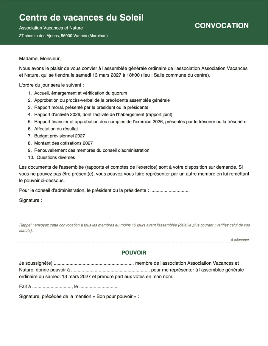 Convocation à l'assemblée générale ordinaire avec l'ordre du jour en dix points et un pouvoir à découper